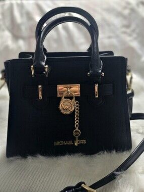 Michael Kors Black Leather Satchel with Gold Charm Hardware